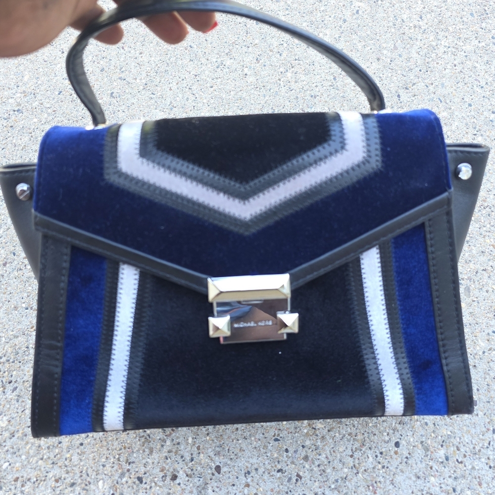 Michael Kors Stylish Black and Blue Velvet Original  Leather  Handbag Medium